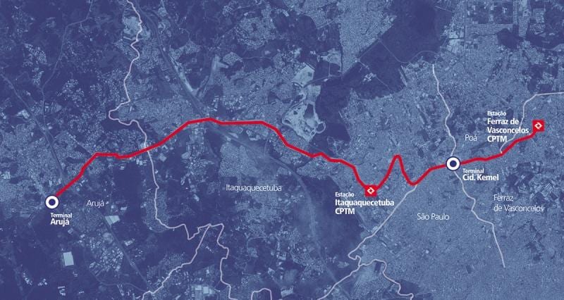 Карта на corredor BRT metropolitano Perimetral Алто Tietê