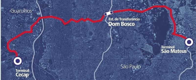 Карта на corredor BRT metropolitano Perimetral Leste