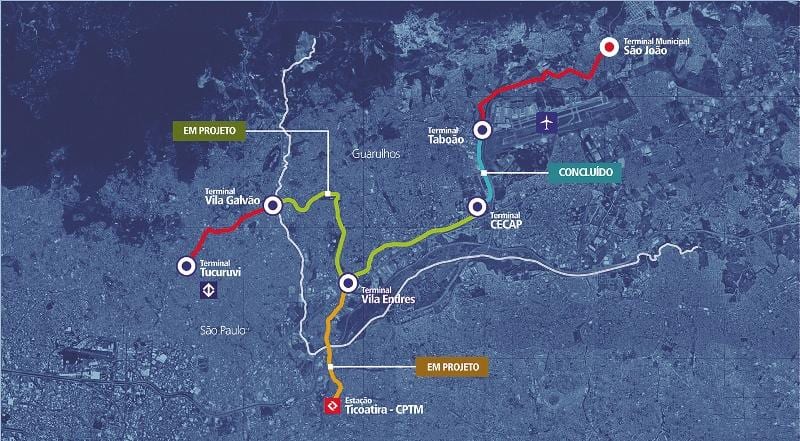 Карта на corredor Metropolitano Guarulhos - Tucuruvi